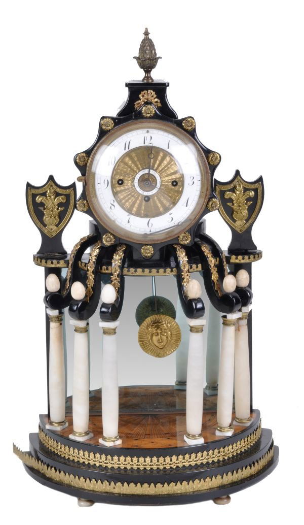 An Austrian ebonised wood, alabaster and gilt meta: An Austrian ebonised wood, alabaster and gilt metal mounted grande sonnerie striking mantel clock, circa 1840, the triple train movement striking the quarters on a gong followed by the hours every qua