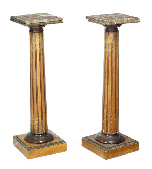 A pair of gilt metal mounted stained wood and marb