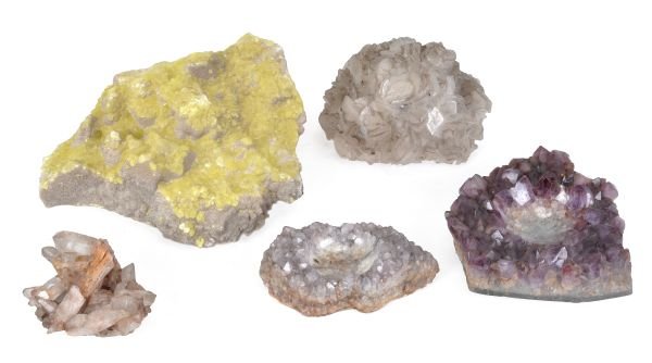 A small collection of mineral and marble samples,