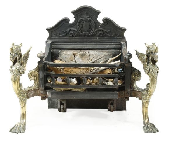 A Victorian cast iron, wrought iron and brass moun