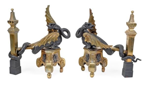 A pair of gilt and patinated bronze chenets, late