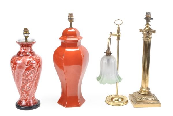 A Victorian brass table lamp , late 19th century,