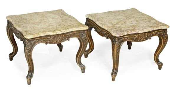 A pair of carved stained wood and Brescia marble t