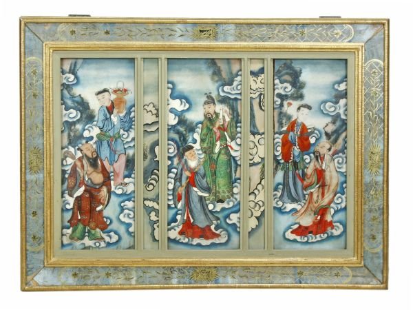 A set of three Chinese painted opaque glass panels