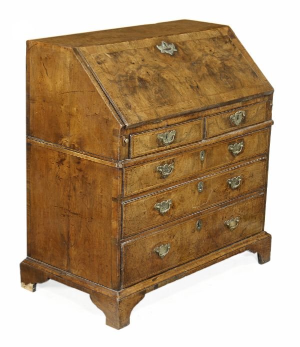 A George II walnut and featherbanded bureau , circ