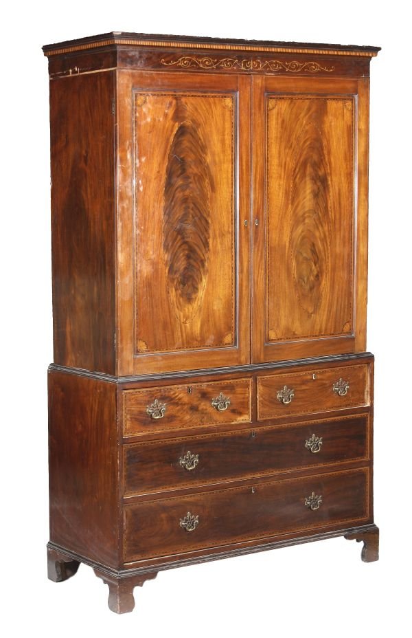 A George III mahogany and marquetry linen press ,
