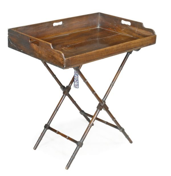 A George III mahogany butlers tray on stand, circ