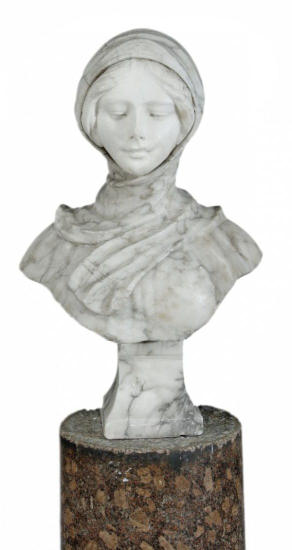 A carved grey veined white marble bust of a young - 2