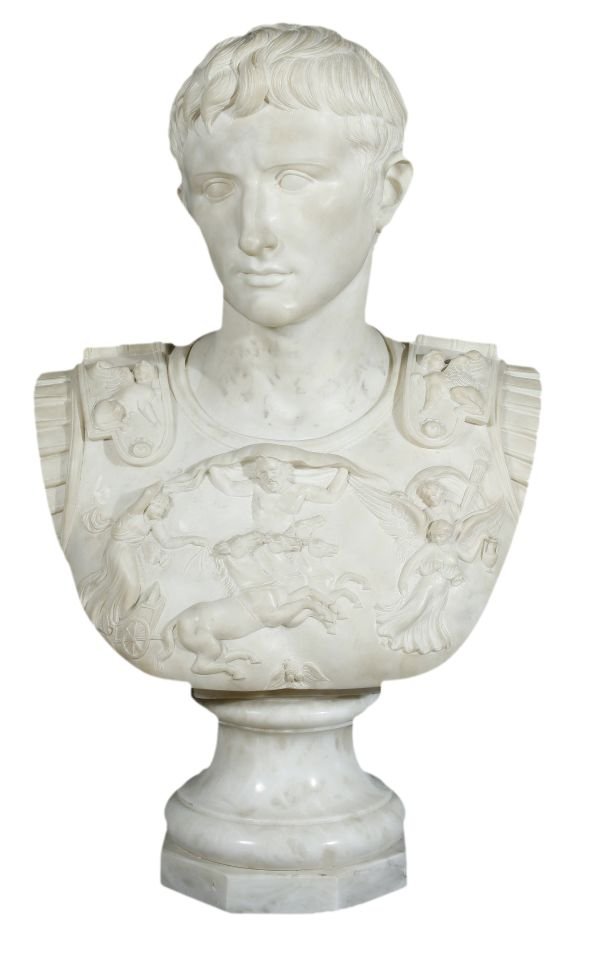 A white marble bust of Caesar Augustus, on a wais - 2