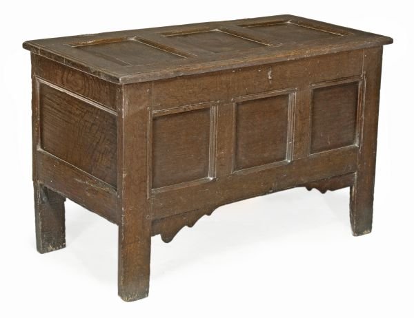 A Charles II panelled oak chest, circa 1660, hing