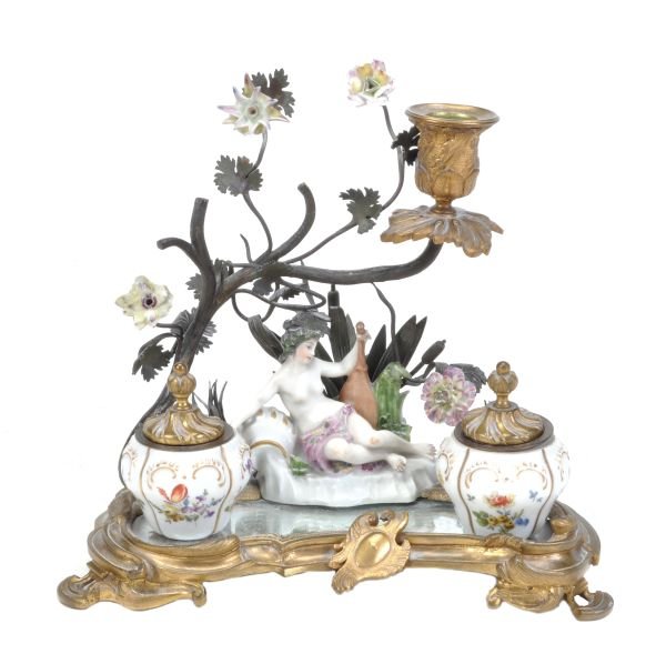 A French porcelain and gilt-metal-mounted inkstand