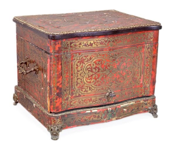 A tortoiseshell and brass marquetry veneered lique