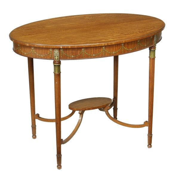 An Edwardian satinwood and painted oval centre tab