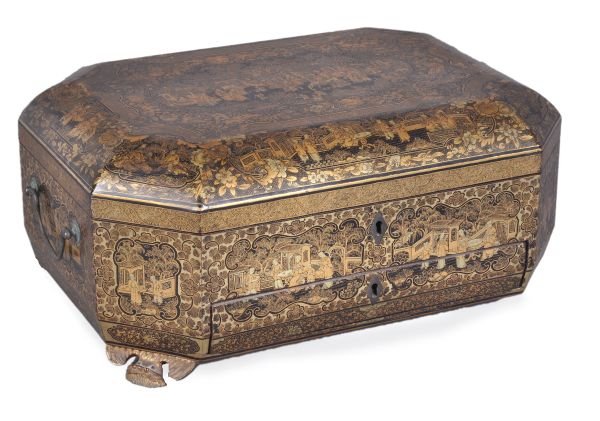 A Chinese export black lacquered and parcel gilt w
