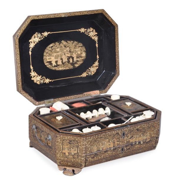 A Chinese export black lacquered and parcel gilt w - 2