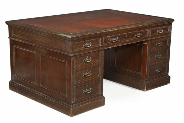 A Victorian mahogany partners pedestal desk, stamp