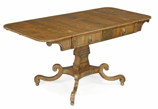 A Regency rosewood and brass marquetry sofa table,