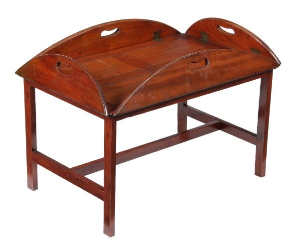 A mahogany butlers tray on stand, the tray circa