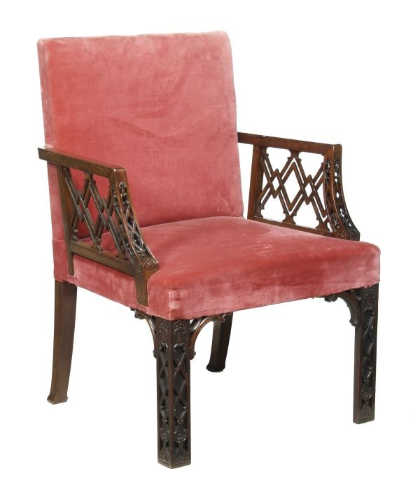 A mahogany framed and upholstered armchair in Chip
