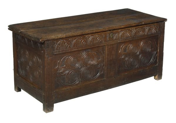 A Charles II panelled oak chest, circa 1670, hing