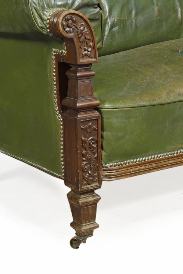 A Victorian walnut and studded green leather uphol - 2