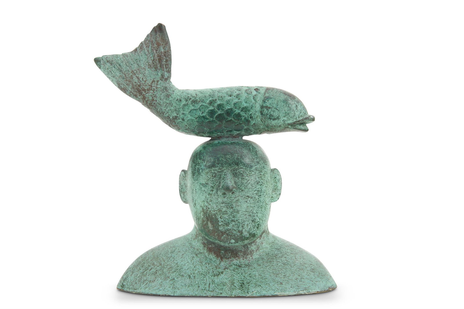 λ SHONA KINLOCH (SCOTTISH, B.1962), MAN WITH FISH: λ SHONA KINLOCH (SCOTTISH B. 1962)MAN WITH FISH Bronze with green patina 16 x 13cm (6¼ x 5 in.)Provenance: Cyril Gerber Fine Art, GlasgowAcquired from the above in 1999 λ indicates that