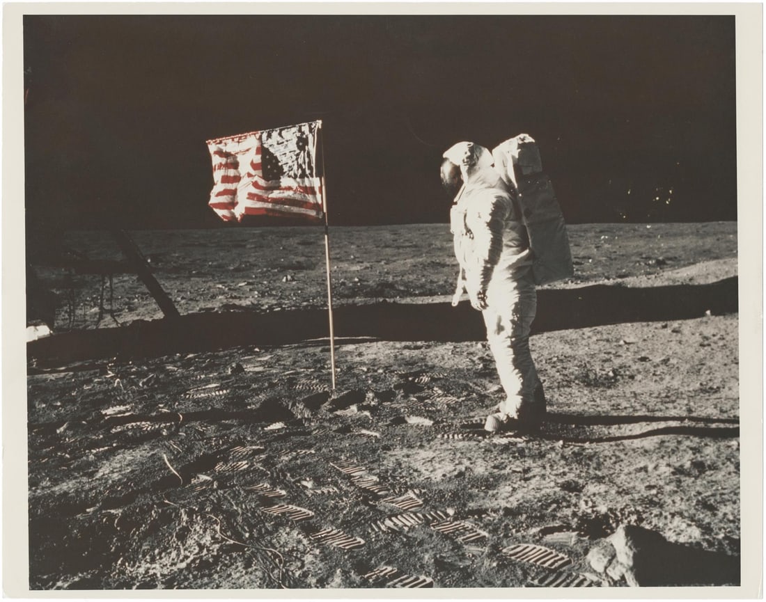 [Apollo 11] LARGE FORMAT: BUZZ ALDRIN BESIDE THE FIRST U.S. FLAG ON THE MOON (1 of 2)