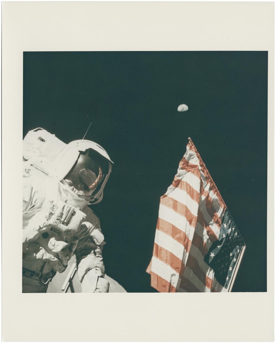 [Apollo 17] HARRISON SCHMITT, EARTH, AND THE U.S. FLAG (1 of 4)
