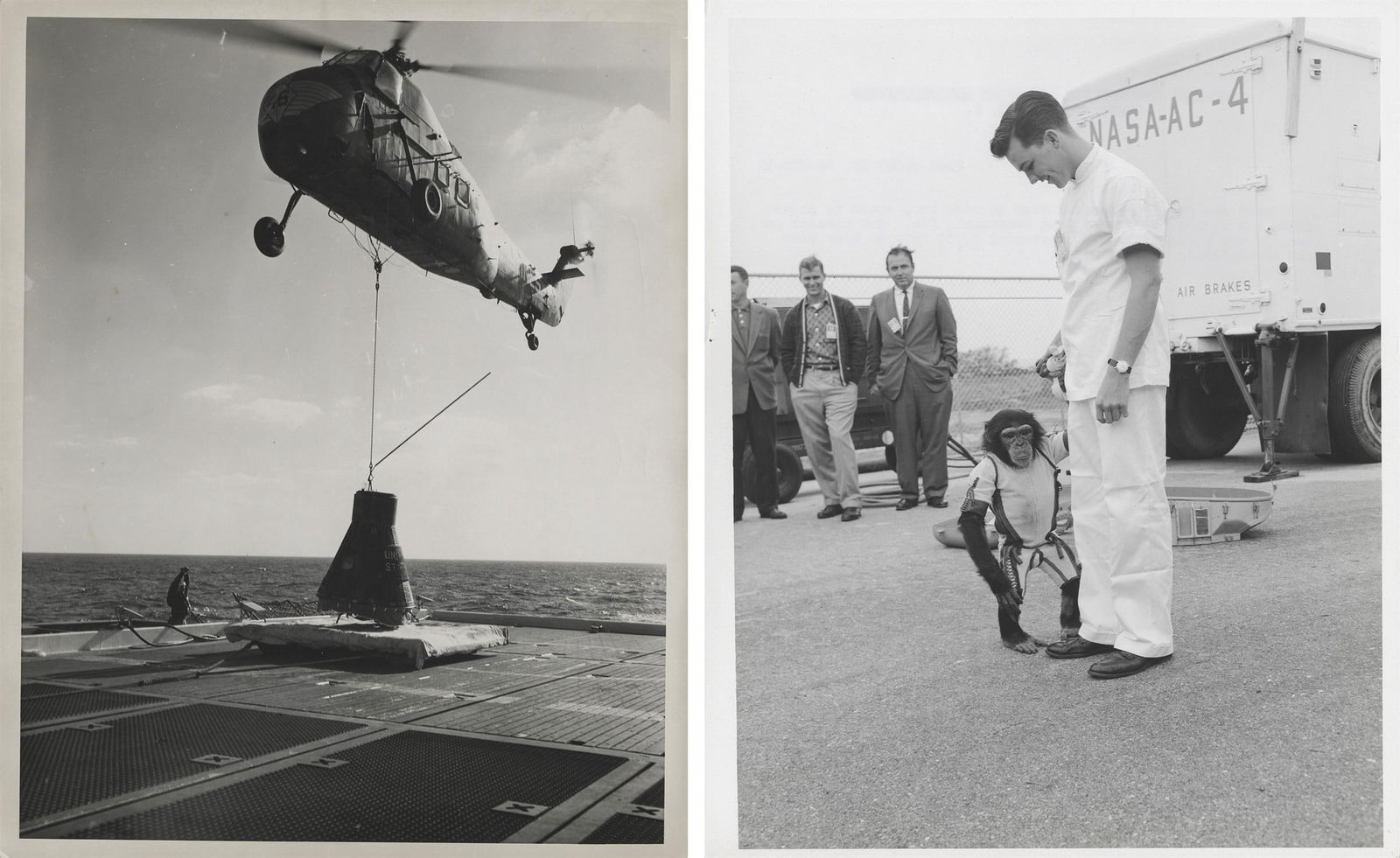 [Mercury Redstone 2] HAM, THE FIRST CHIMPANZEE IN SPACE, RETURNS TO EARTH (diptych): [Mercury Redstone 2] HAM, THE FIRST CHIMPANZEE IN SPACE, RETURNS TO EARTH (diptych)NASA, 31 January 1961Printed 1961.Two vintage gelatin silver prints on fibre-based paper.With NASA captions numbered