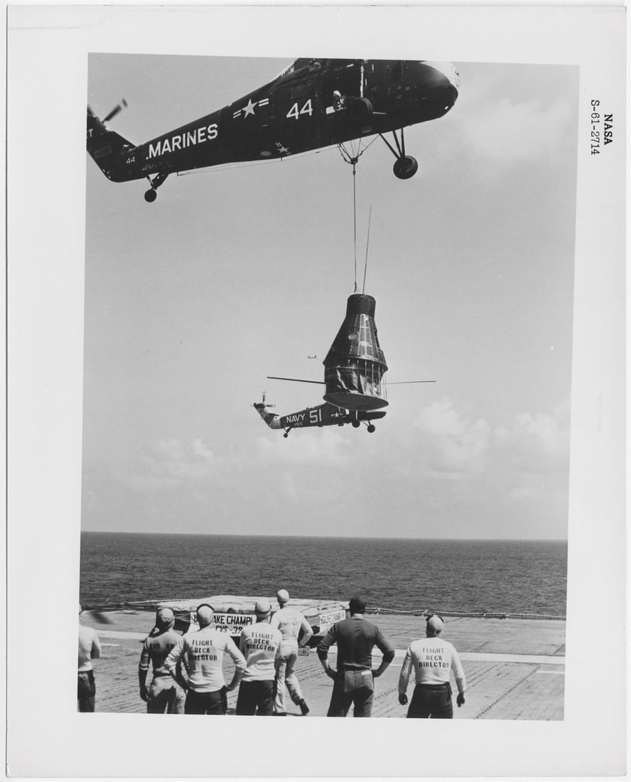 [Mercury Redstone 3] THE HISTORIC RECOVERY OF THE FIRST AMERICAN IN SPACE: [Mercury Redstone 3] THE HISTORIC RECOVERY OF THE FIRST AMERICAN IN SPACE, ALAN SHEPARDDean Conger, 5 May 1961Printed 1961 Printed 1961.Vintage gelatin silver print on fibre-based paper.Numbered NASA