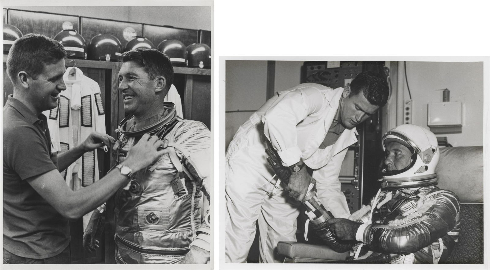 [Mercury Atlas 8] THE FITTING OF A SPACE PIONEER: WALTER SCHIRRA CHECKS OUT HIS FLIGHT: [Mercury Atlas 8] THE FITTING OF A SPACE PIONEER: WALTER SCHIRRA CHECKS OUT HIS FLIGHT EQUIPMENT (diptych)NASA, September 1962 Printed 1962.Two vintage gelatin silver prints on fibre-based paper [NASA