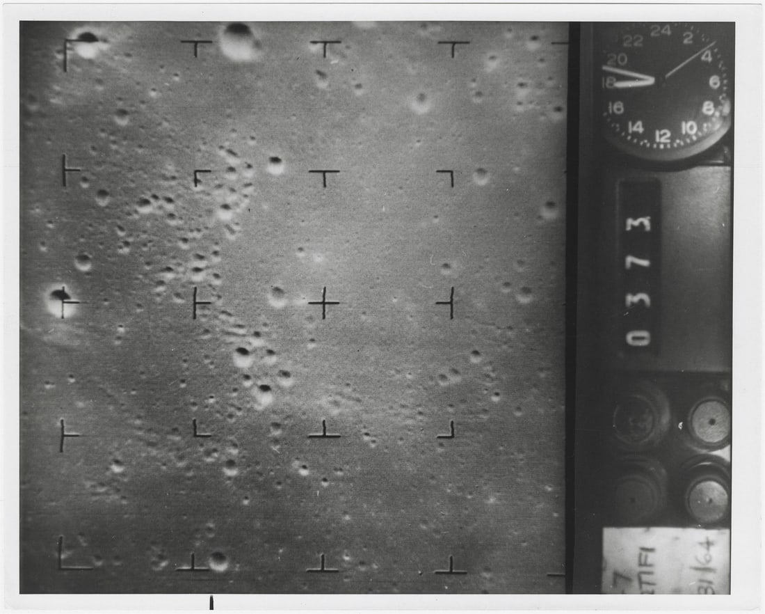 [Ranger VII] ONE OF THE FIRST CLOSE-DISTANCE IMAGES OF THE LUNAR SURFACE TAKEN BEFORE THE IMPACT: [Ranger VII] ONE OF THE FIRST CLOSE-DISTANCE IMAGES OF THE LUNAR SURFACE TAKEN BEFORE THE IMPACTNASA, 31 July 1964 Printed 1964.Vintage gelatin silver print on fibre-based paper.With NASA caption numb