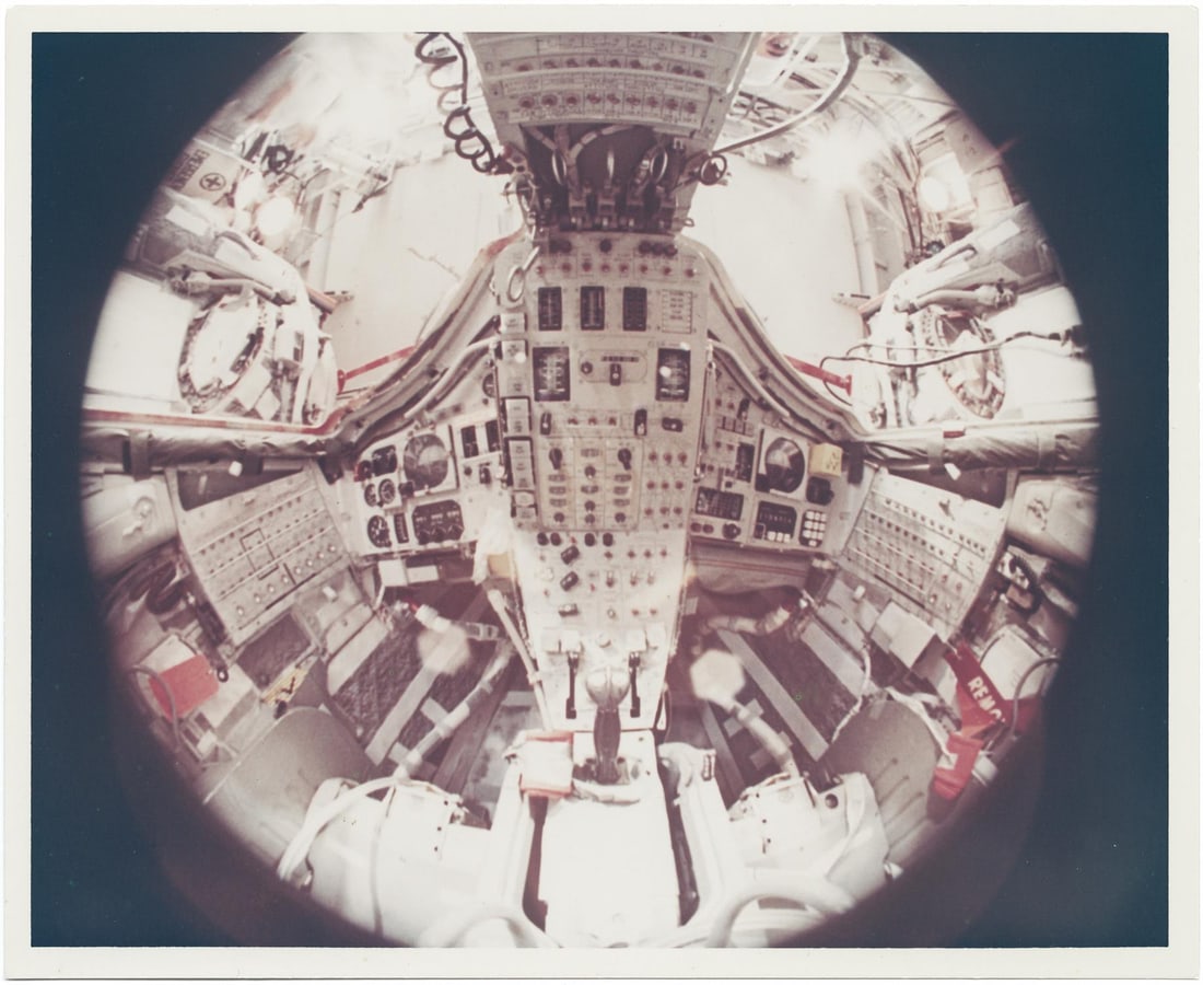 [Gemini VII] FISHEYE GLIMPSE OF THE TIGHT INTERIOR OF AMERICA'S FIRST TWO-MAN SPACECRAFT (1 of 2)