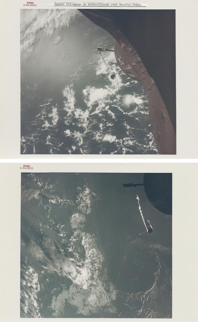 [Gemini XII] AGENA AND GEMINI, TETHERED IN EARTH’S ORBIT, IN A MOMENT OF ORBITAL CHOREOGRAPHY (1 of 5)
