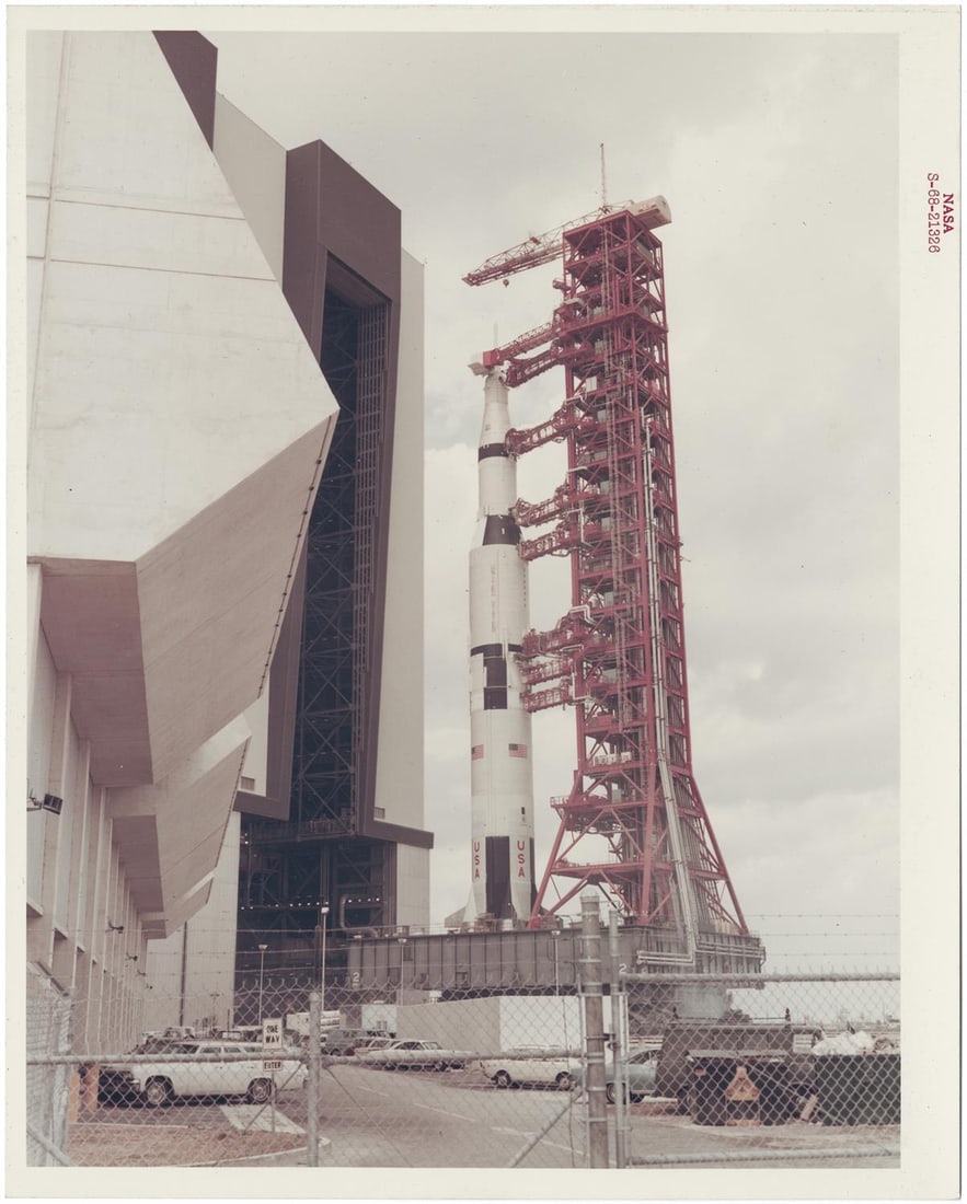 [Apollo 6] THE GIANT SATURN V ROLL OUT FROM THE VEHICLE ASSEMBLY BUILDING (1 of 2)