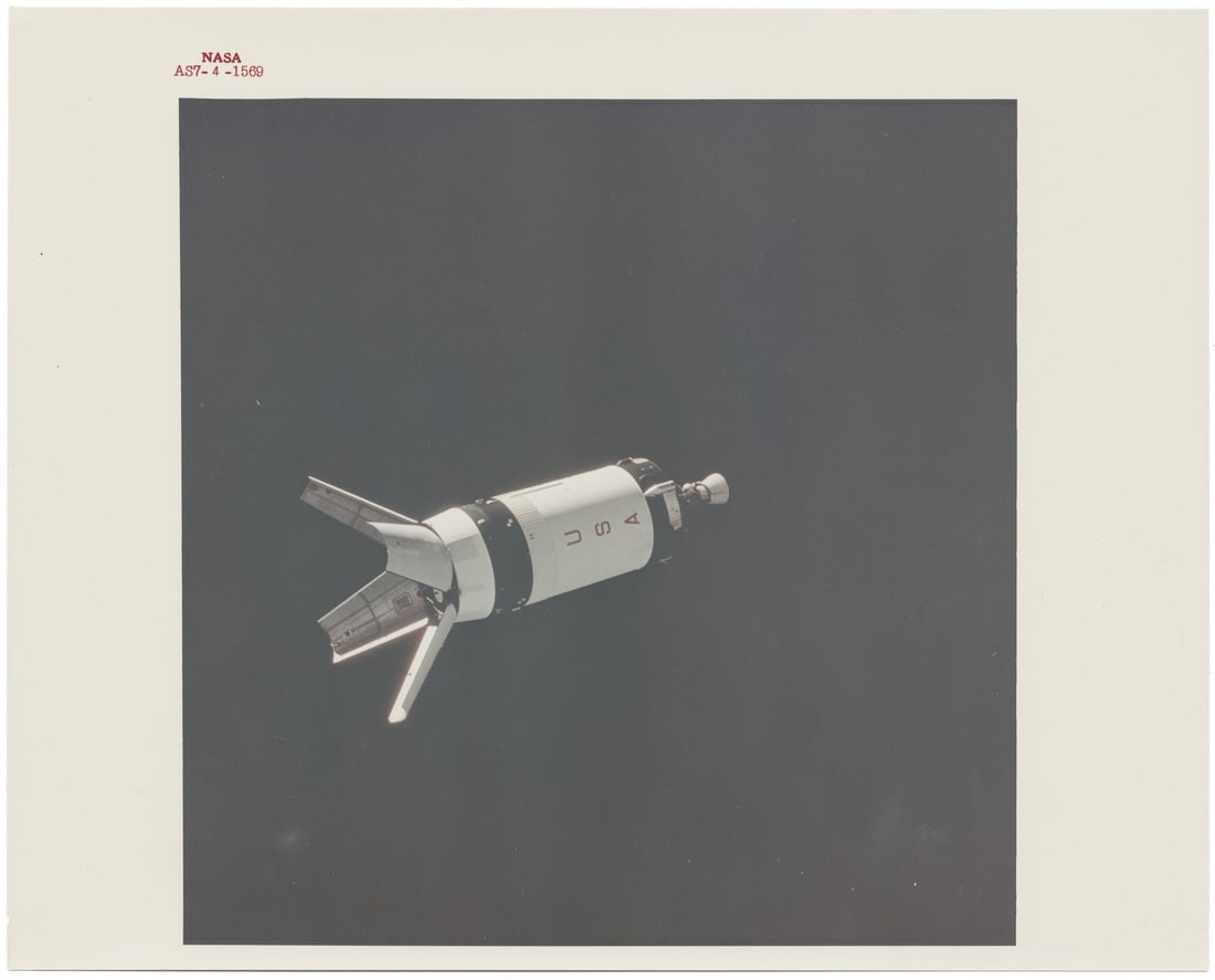 [Apollo 7] THE COMMAND MODULE CHASING THE TUMBLING S-IVB STAGE IN SPACE (1 of 3)