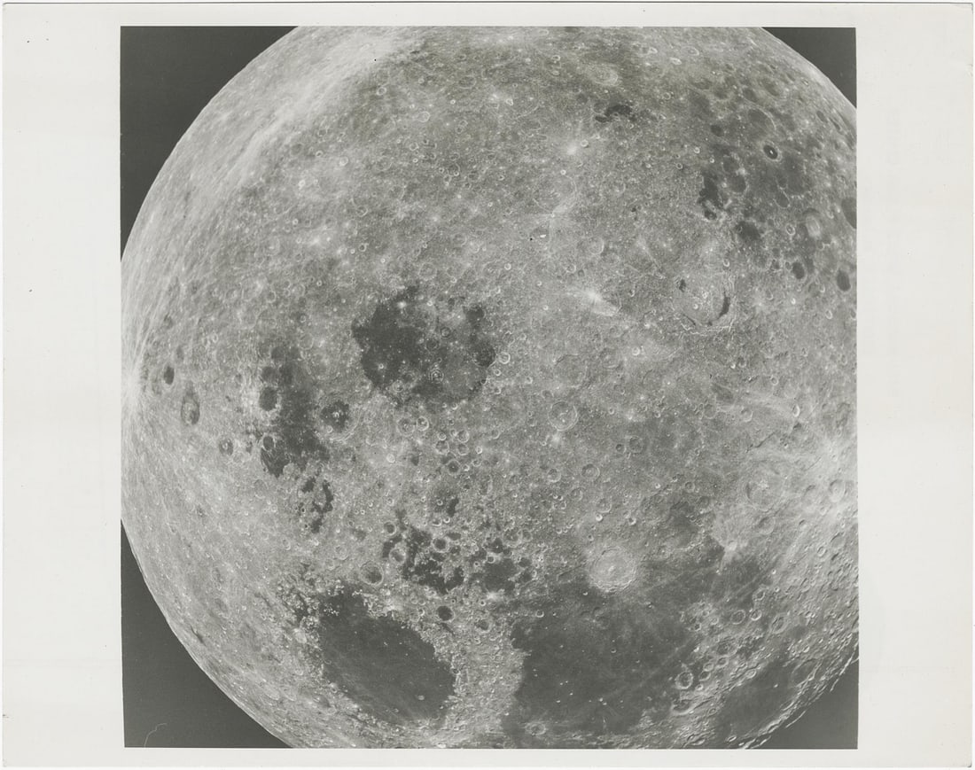 [Apollo 8] A NEAR-COMPLETE MOON CAPTURED AFTER THE FIRST HUMAN TRANS-EARTH INJECTION: [Apollo 8] A NEAR-COMPLETE MOON CAPTURED AFTER THE FIRST HUMAN TRANS-EARTH INJECTIONWilliam Anders, 21-27 December 1968 Printed January 1969.Vintage gelatin silver print on fibre-based paper [B&W vers