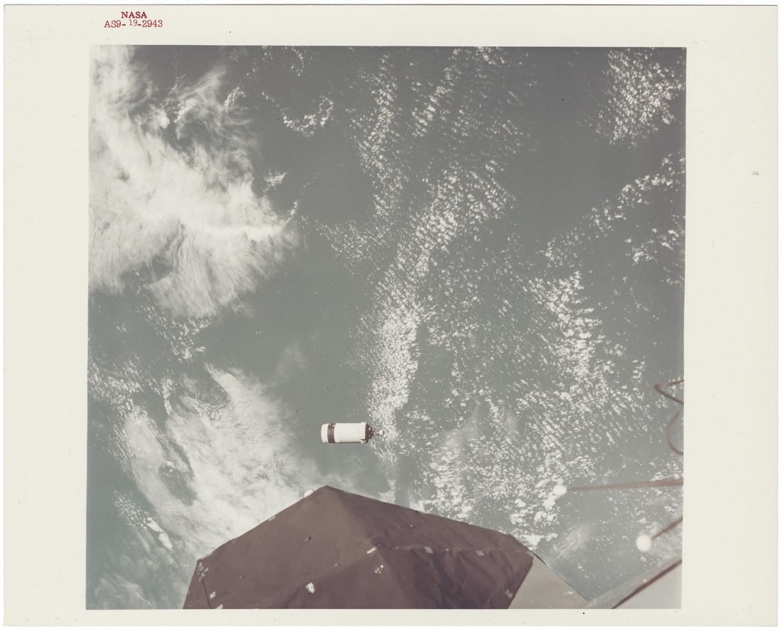 [Apollo 9] JETTISON OF THE S-IVB STAGE IN EARTH ORBIT AFTER LUNAR MODULE EXTRACTION: [Apollo 9] JETTISON OF THE S-IVB STAGE IN EARTH ORBIT AFTER LUNAR MODULE EXTRACTIONRussell Schweickart, David Scott or James McDivitt, 3-13 March 1969 Printed 1969.Vintage chromogenic print on fibre-b
