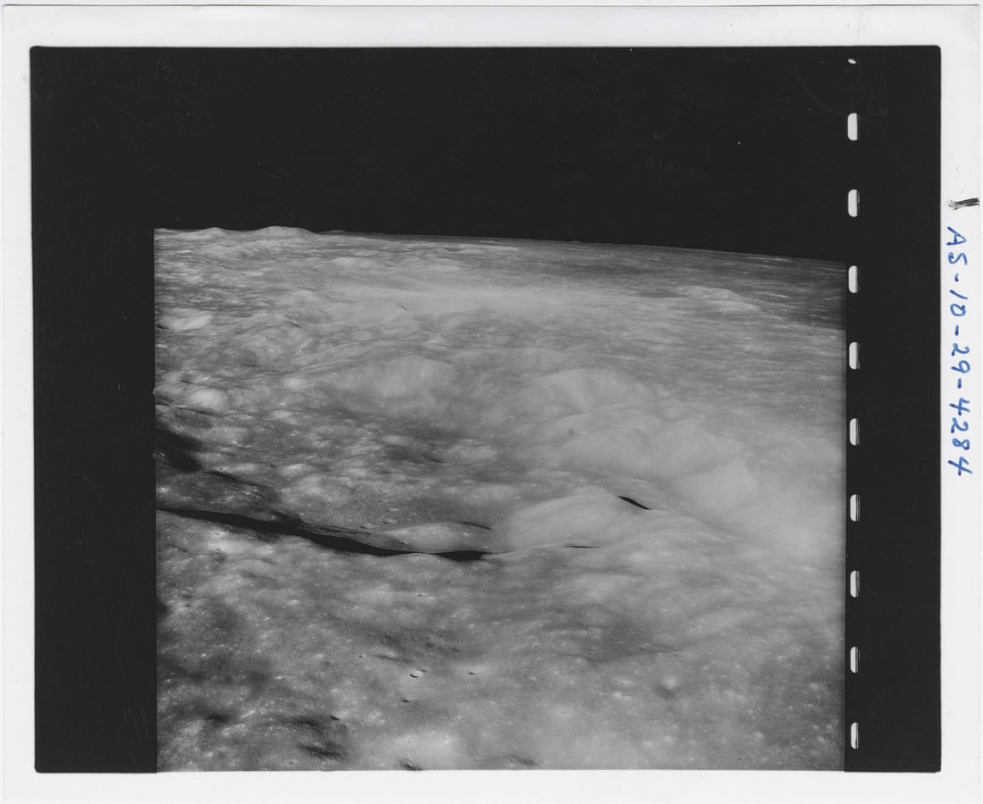 [Apollo 10] LOW-ALTITUDE VIEW OF THE HIGHLANDS IN THE SOUTHEASTERN SEA OF TRANQUILITY: [Apollo 10] LOW-ALTITUDE VIEW OF THE HIGHLANDS IN THE SOUTHEASTERN SEA OF TRANQUILITYEugene Cernan, or Thomas Stafford, May 18-26, 1969 Printed 1969.Vintage gelatin silver print on fibre-based paper.N
