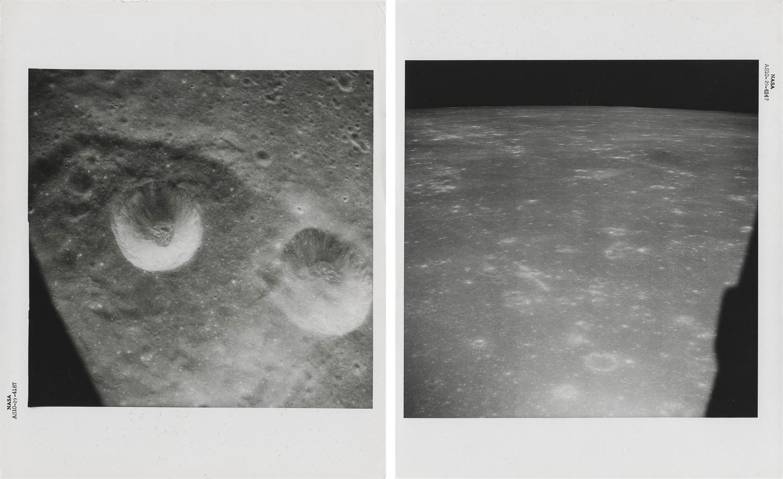 [Apollo 10] THE PATHFINDER DESCENT TOWARD THE MOON'S SURFACE (diptych)Eugene Cernan: [Apollo 10] THE PATHFINDER DESCENT TOWARD THE MOON'S SURFACE (diptych)Eugene Cernan, or Thomas Stafford, May 18-26, 1969 Printed 1969.Two vintage gelatin silver prints on fibre-based paper.Numbered NA