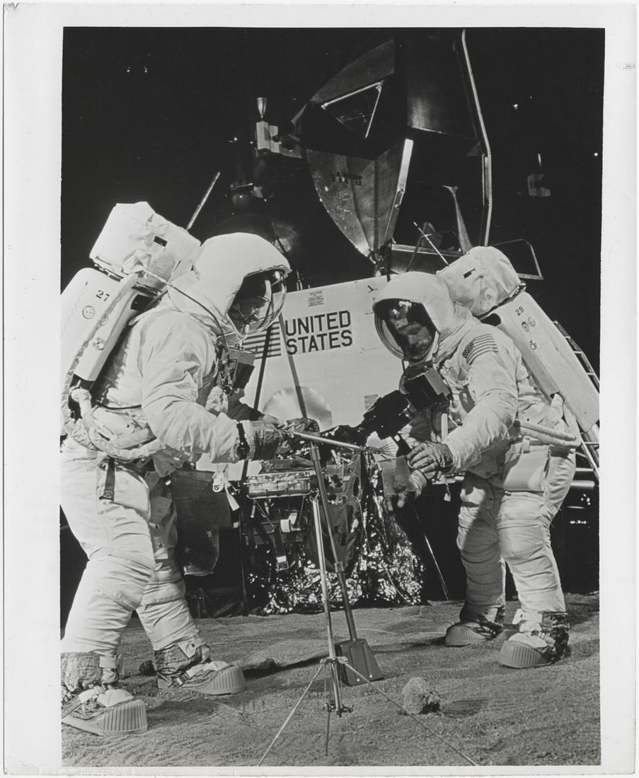 [Apollo 11] NEIL ARMSTRONG PRACTICING LUNAR SURFACE PHOTOGRAPHY WITH THE NEW HASSELBLAD CAMERA: [Apollo 11] NEIL ARMSTRONG PRACTICING LUNAR SURFACE PHOTOGRAPHY WITH THE NEW HASSELBLAD CAMERANASA, 22 April 1969 Printed 1969.Vintage gelatin silver print on fibre-based paper.With NASA caption numbe