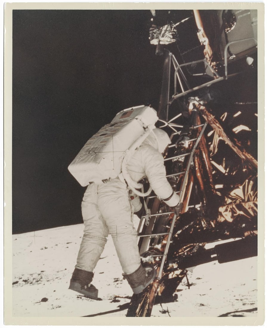 [Apollo 11] BUZZ ALDRIN CLIMBING DOWN THE LM EAGLE LADDER TO TAKE THE HIS FIRST STEPS ON THE MOON (1 of 5)