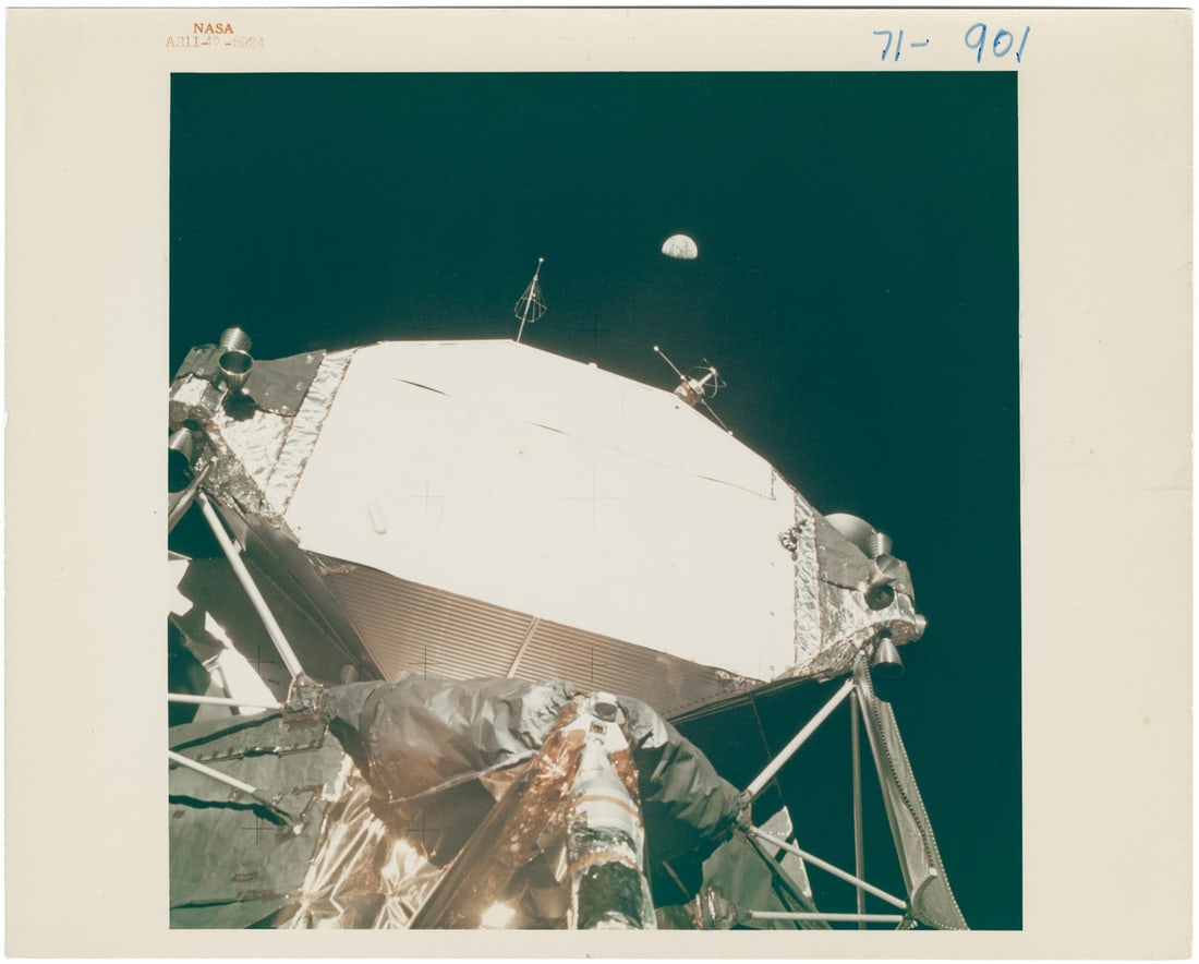 [Apollo 11] EARTH ABOVE THE LUNAR MODULE EAGLE: FIRST GLIMPSE OF HOME FROM THE MOONBuzz Aldrin (1 of 2)