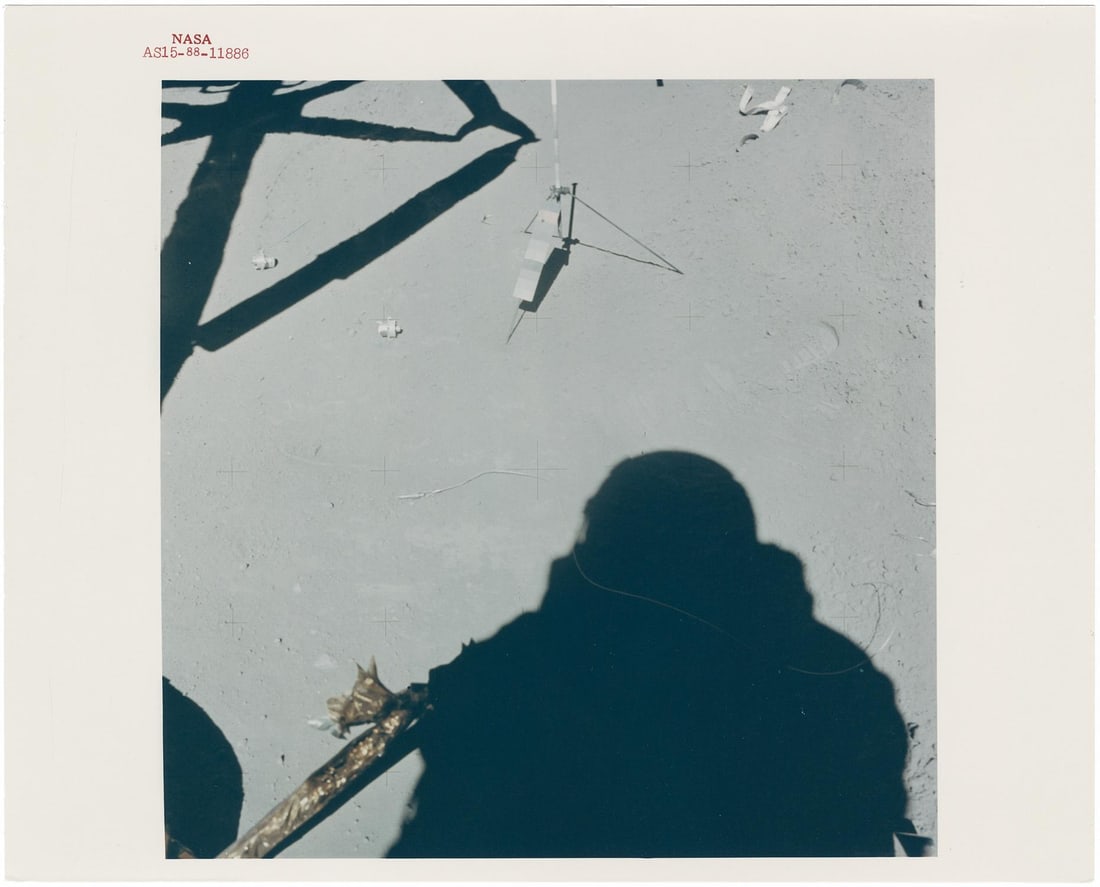 [Apollo 15] THE PHOTOGRAPHER’S SHADOW NEAR THE LUNAR MODULE FALCON (1 of 2)