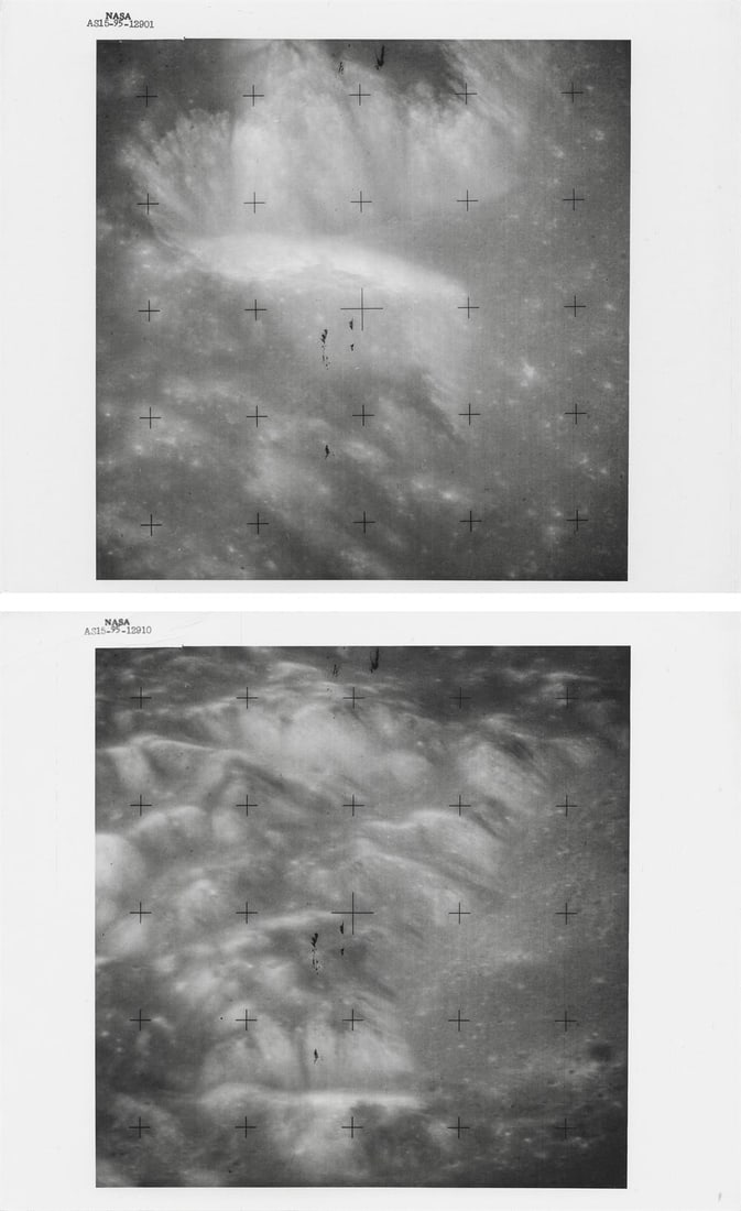 [Apollo 15] DETAILED TELEPHOTOGRAPHS OF THE LUNAR SURFACE FROM THE ORBITING SPACECRAFT (TWO VIEWS): [Apollo 15] DETAILED TELEPHOTOGRAPHS OF THE LUNAR SURFACE FROM THE ORBITING SPACECRAFT (TWO VIEWS) Alfred Worden, James Irwin, or David Scott, 26 July - 7 August, 1971 Printed 1971.Two vintage gelatin
