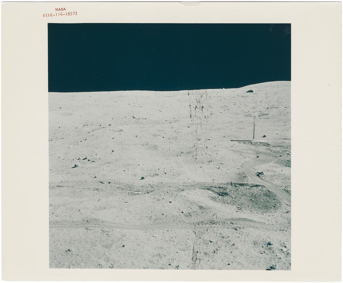 [Apollo 16] SOLAR WIND COLLECTOR IN THE DESCARTES MOONSCAPE (1 of 2)