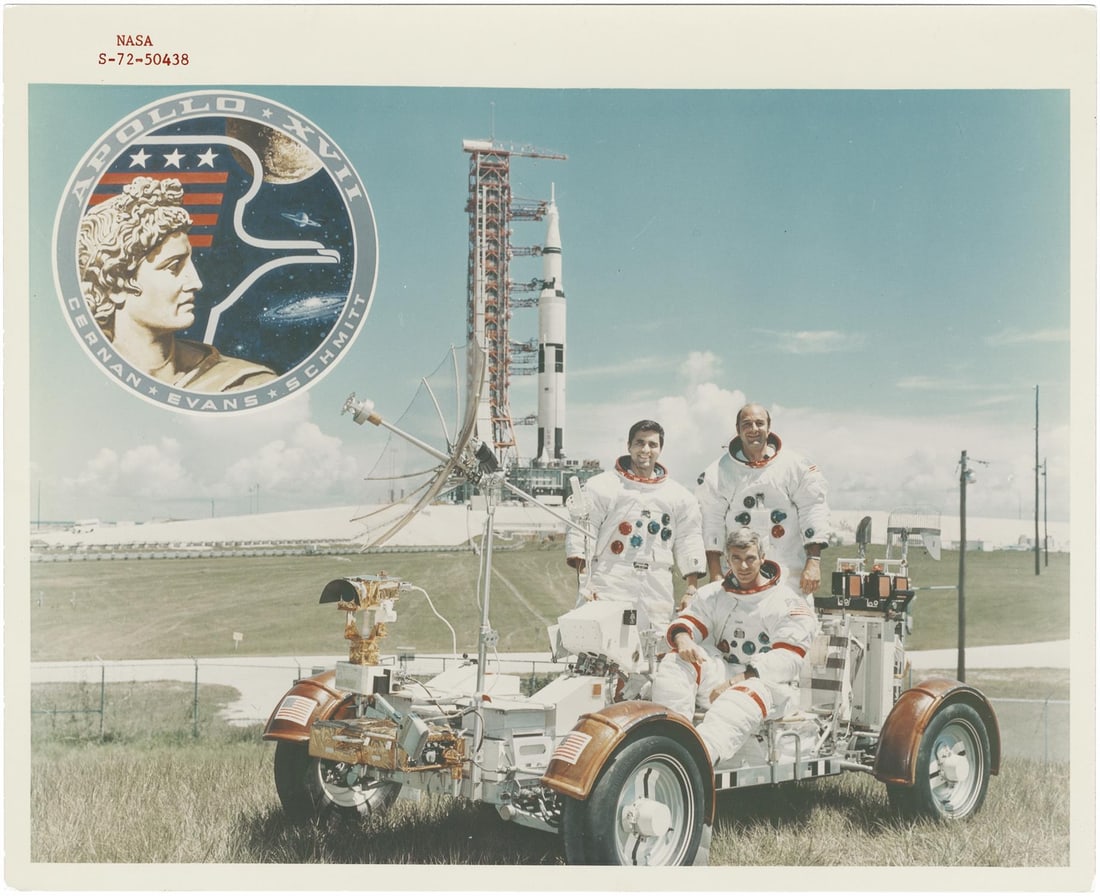 [Apollo 17] THE LAST MEN ON THE MOON WITH ROVER, SATURN V, AND NASA INSIGNIA (1 of 2)