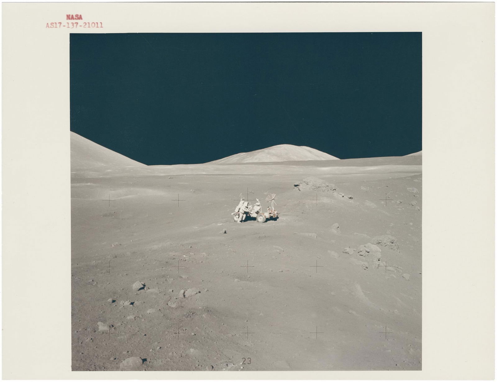 [Apollo 17] HARRISON SCHMITT AND THE ROVER IN THE DESOLATE LANDSCAPE OF SHORTY CRATER: [Apollo 17] HARRISON SCHMITT AND THE ROVER IN THE DESOLATE LANDSCAPE OF SHORTY CRATEREugene Cernan, 7-19 December 1972, EVA Printed 1972.Vintage chromogenic print on fibre-based paper.With A Kodak Pap