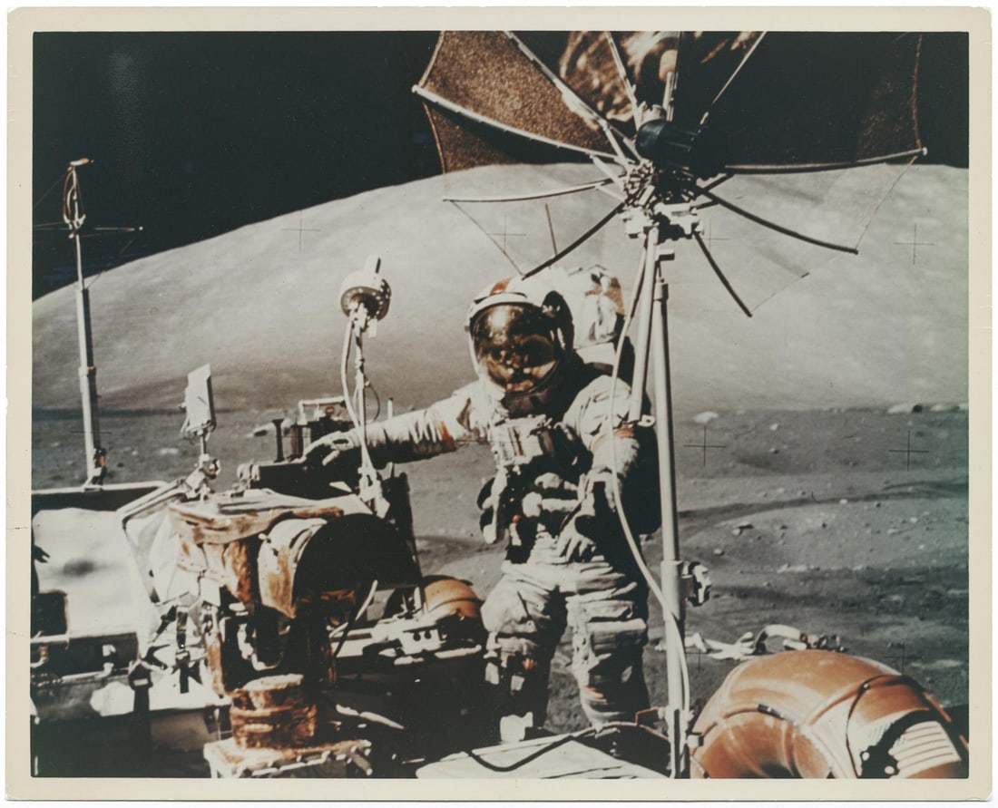 Apollo 17] PORTRAIT OF EUGENE CERNAN, THE LAST MAN ON THE MOON, WITH THE ROVER (1 of 2)