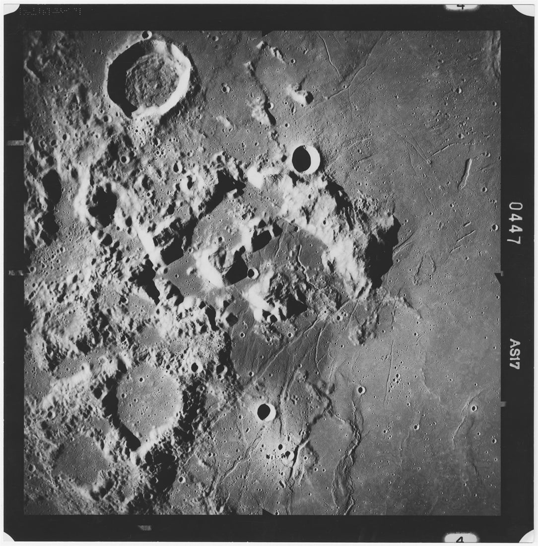 [Apollo 17] THE TAURUS LITTROW LANDING SITE FROM ORBIT: [Apollo 17] THE TAURUS LITTROW LANDING SITE FROM ORBITPhotographed with the high-resolution metric camera Ronald Evans, 7-19 December 1972Printed 1972. Vintage gelatin silver print on glossy fibre-bas